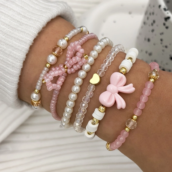 6pcs Pink Series Glass Bead Imitation Pearl Soft Clay Handmade Positioning Beaded Stacking Bracelet Set, Cute Sexy Versatile Vacation Y2K Bow