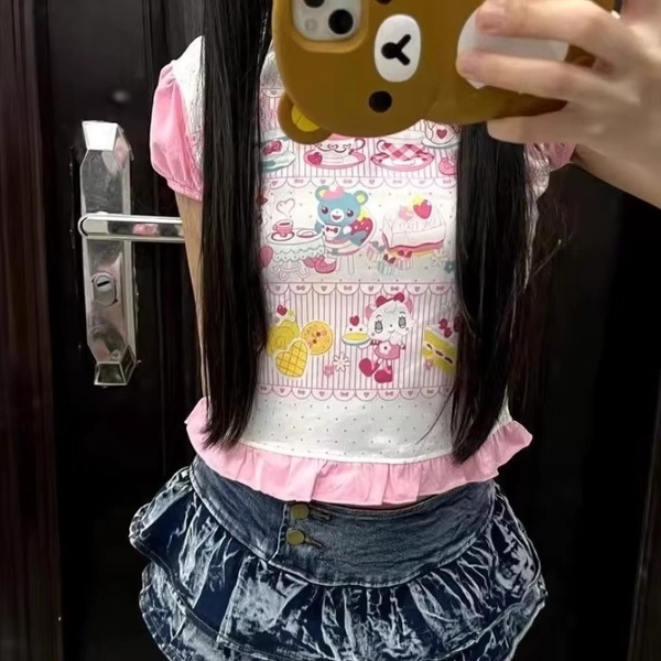 Japanese Kawaii Cute Sweer Cartoon Print Vintage Tshirts Y2k Aesthetic Casual Crop Top Summer Fairycore Pink Clothing E-girls - AliExpress 200000345