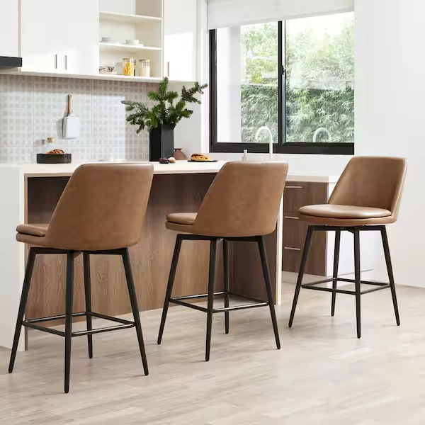 Spruce & Spring Cecily 27 in. Saddle Brown High Back Metal Swivel Counter Stool with Faux Leather Seat (Set of 3) 3-SSY2006-PU6030