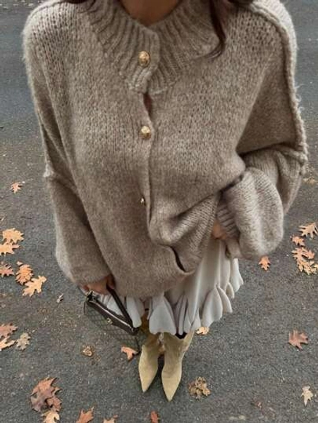 Women's Casual Chic Front Button Round Neck Cardigan, Minimalist Loose Solid Color Long Sleeve Knit Sweater Jacket, Autumn/Winter