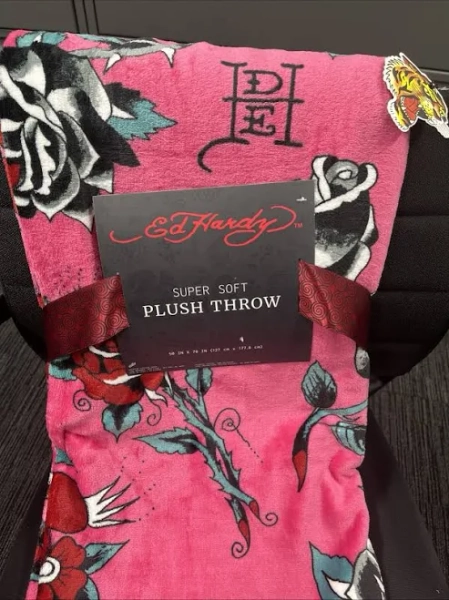 Ed Hardy Hot Pink Tiger Rose Tattoo Super Soft Plush Throw Blanket