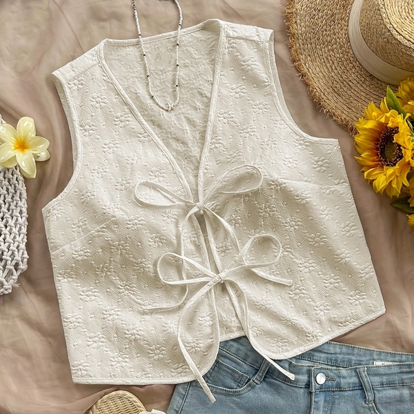 Solid Color Floral Texture Vacation Style Crop Top