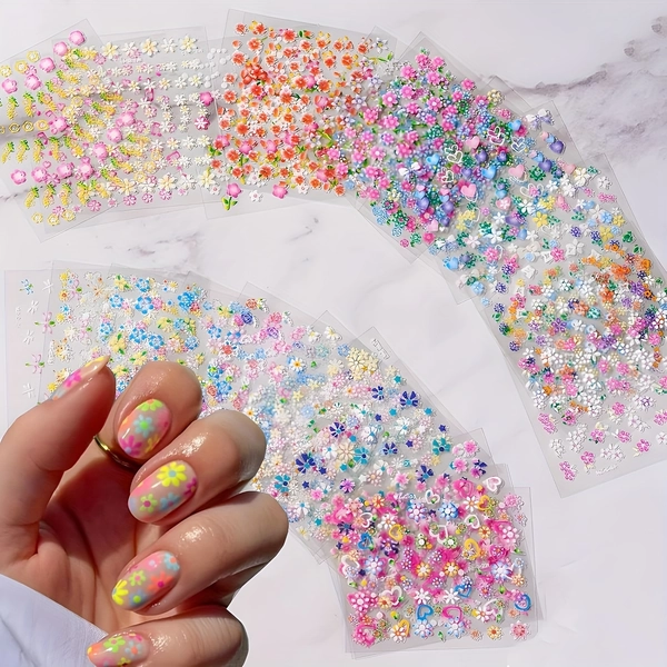 30 Sheets NUDUROM 3D Flower Nail Stickers - Glossy Glitter Vinyl Press-On Nails with Multicolor Daisy, Rose, Tulip, Lily, Hibiscus & Cherry Blossom Decals for Women &, Salon-Quality Manicure Accessories