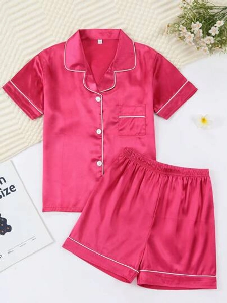 Girls Pajamas, Satin Silky Pjs Set Kids 2Pcs Button-Down Nightwear Sleepwear Gift For Kids