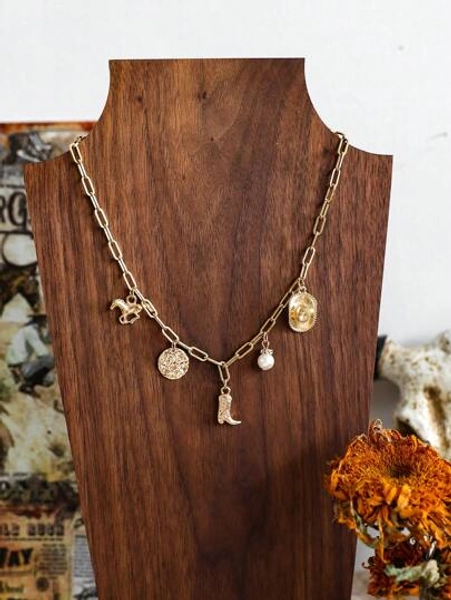1pc Western Cowgirl Boots, Cowboy Hat & Geometric Link Chain Necklace