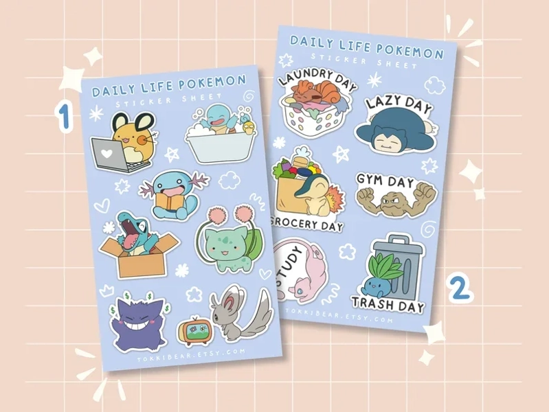 Pokemon Daily Life Sticker Set Sheets | Snorlax, Gengar, Bulbasaur, Squirtle, Mew, Cyndaquil, Vulpix, Dedenne, Minccino | Gift for Gamers