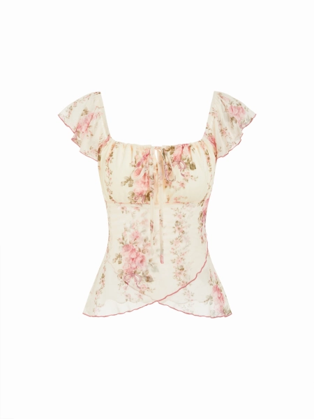 Chiffon Floral Square Neck Twist Knotted Ruffle Sleeve Crop Top