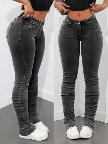 SHEIN Tall Women's Front Button Pocket Skinny Washed Flared Leg Jeans