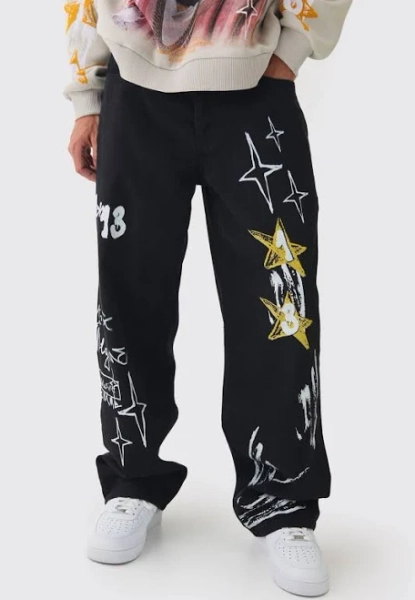 boohooMAN Men's Baggy Rigid Graffiti Printed Jeans