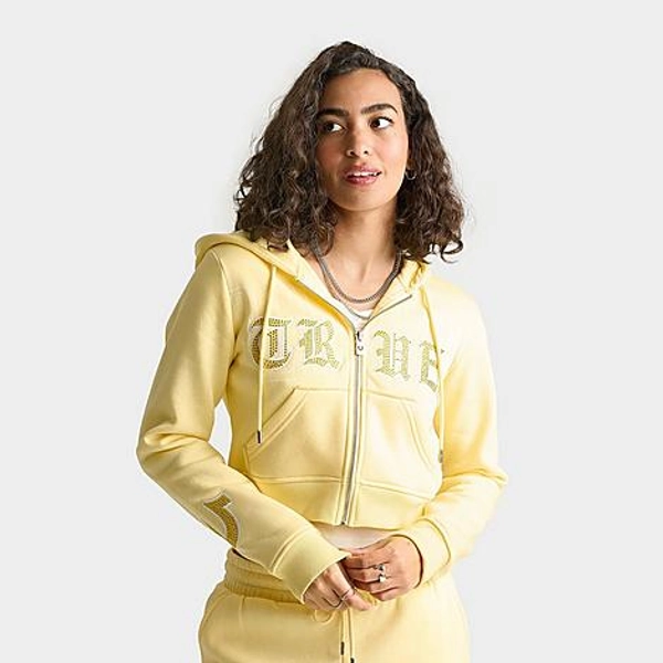 True Religion Women's Crystal Embroidered Cropped Full-Zip Hoodie in Lemon Meringue Size: Large