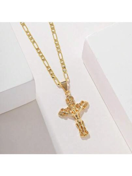 1pc Copper Inlaid Zirconia Cross Pendant Necklace, European & American Style, Suitable For Christmas/Thanksgiving/Halloween/Mother's Day/Valentine's Day Gifts For Couples/Friends/Believers, Catholic First Communion, Everyday & Holiday Wear
