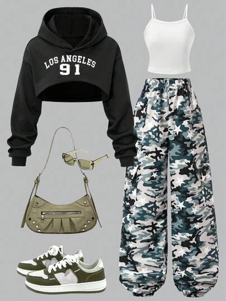 3pcs/Set Camouflage Pattern Sweatshirt Top & Camisole & Drawstring Hem Casual Pants Outfit For Teenage Girls, Suitable For Spring/Autumn Daily Wear