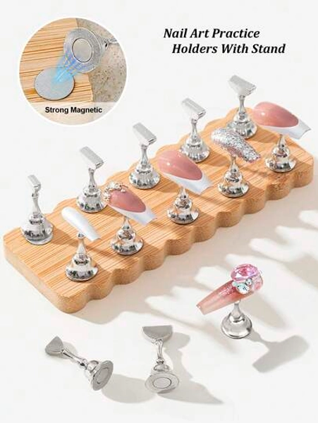 Beautizon Nailartlab 11Pcs Double Row Nail Art Tray Base Bracket Practice Nail Tray Fixed Bracket, Strong Magnetic Metal Chess Piece Nail Tray Practice Nail Art Tools, Suitable For Women's Salon Nail Art DIY Tools