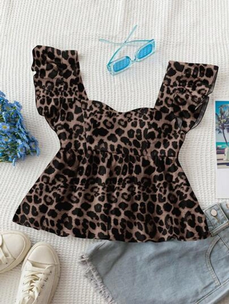 Soleia Women's Vacation Casual Square Neck Cap Sleeve Babydoll Sleeveless Blouse, Leopard Print, Vintage Retro Style, Sexy, Cute, Y2K Coconut Girl, Boho, Music Festival, Suitable For Summer Suitable For Going Out Chic Blouses For Women