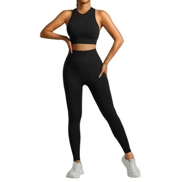 Xddlitp Women's Seamless Workout Sets Two Piece Ribbed Racerback Tank Top Bra High Waist Leggings Gym Work Out