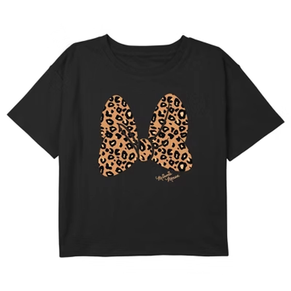 Girls' Mickey & Friends Leopard Animal Print Minnie Mouse Bow Crop T-Shirt - Black - X Large