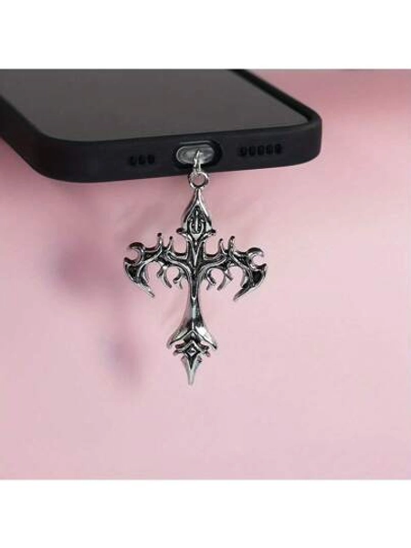 Flame Cross & Heart Cross Mobile Phone Dust Plug Pendant, Decoration Accessory Protector For IPhone, Type-C Port