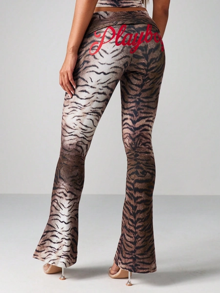Missguided x Playboy Tiger Print Flared Pants With Fold Over Waistband