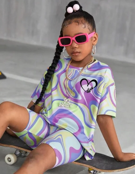 SHEIN Multicolor Floral Girls Print Two-Piece Set Kids Clothes Outfits Fit Round Neck Drop Shoulder T-Shirt