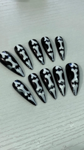 Skeleton bones press on nails design, Halloween nails, application pack included