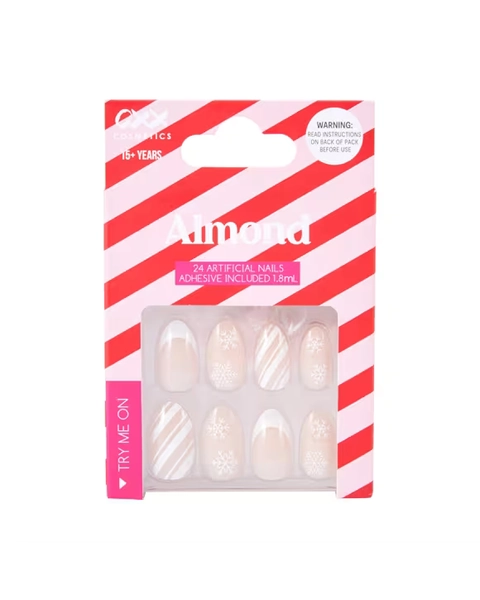 OXX Cosmetics 24 Pack Artificial Nails with Adhesive - Almond Shape, Candy Cane Swirl