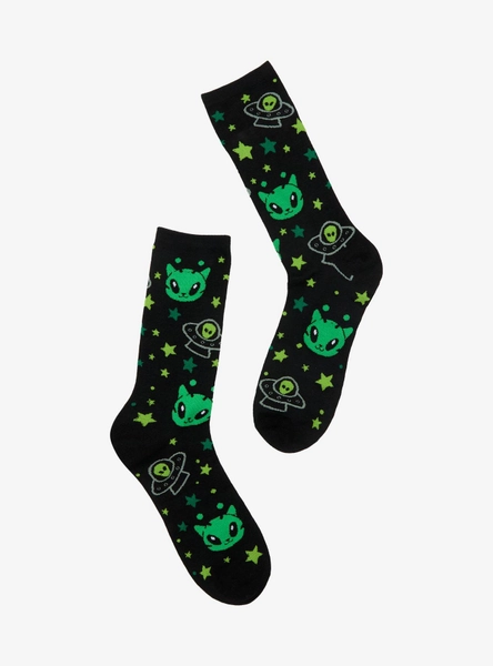 Green & Black Alien Cat Crew Socks