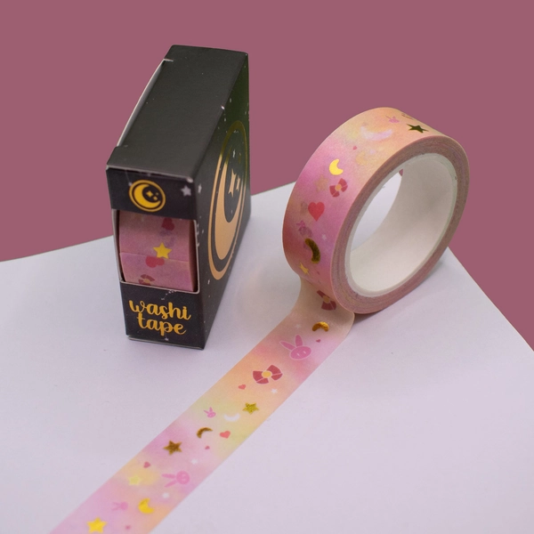 Cinta adhesiva decorativa estilo anime Washi / Kawaii con bonito diseño japonés de papel metalizado rosa melocotón de 15 mm