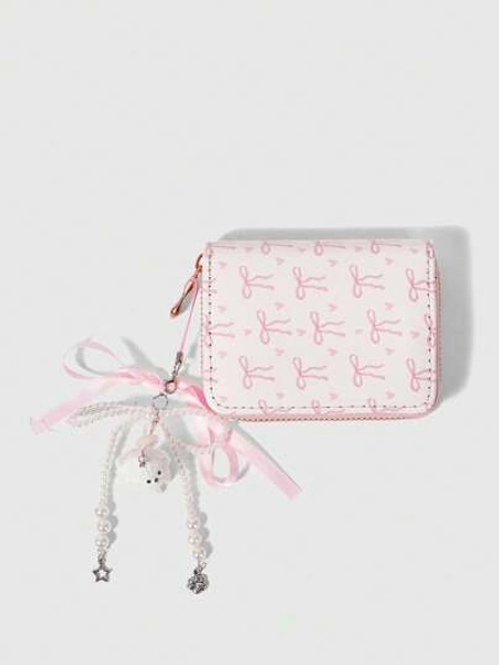 ROMWE Kawaii Pink Base Pink Bow Teddy Bear Pendant Short Wallet, Creative Multifunctional Card Slots Purse