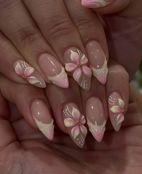 Pink Ombre Custom  Press on Nails, 3D White Pink Flowers, Hand-Painted French Tip Design, Elegant Reusable Acrylic Manicure Set