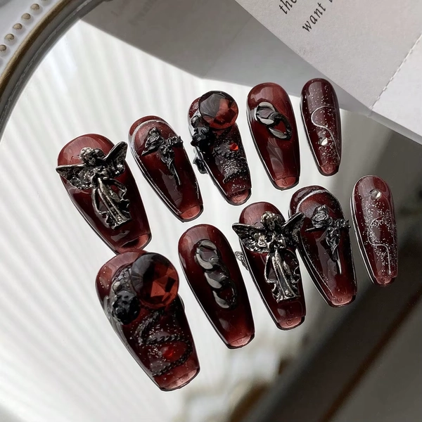 10pcs Pure Handmade Coffin Shaped Nail Art, Beautiful Fake Nails, Dark Red Nun Decoration Nail Art, Suitable for Women to Use