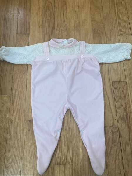 Vintage 1980s Baby Girl Footed Pink Jumpsuit White Lace Sleeves Totknits 20-28lb