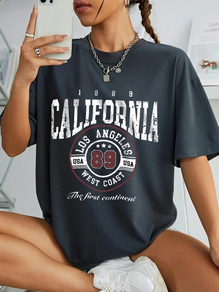 INAWLY Camiseta con gráfico de letra y hombros caídos, blusas con gráficos para mujeres