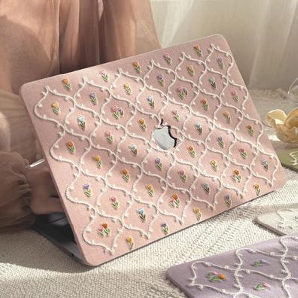 Pink Floral Embroidery Unique Handmade For MacBook Case Classical Beauty Cover Laptop Case Mac Air 13 Mac Pro 13 14 Inch Laptop M1 M2 M3 M4