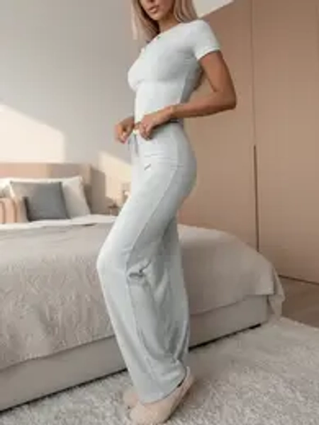 Two-Piece Set Women's Plain Crop Tee & Drawstring Waist Pants Loungewear Set, Casual Comfy Round Neck Short Sleeve Top & Trousers PJ Set, Ladies Sleepwear for All Seasons