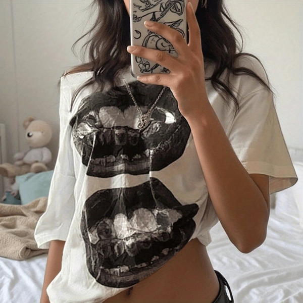 Women'S Casual Crew Neck T-Shirt with Unique Teeth Graphic Print, Breathable & Comfortable, Perfect for Casual Attire, Spring/Summer Collection, Everyday Tshirt | Unique Graphic Tee | Comfortable Fit