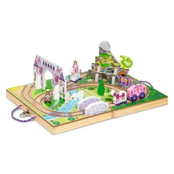 Melissa & Doug 19-Piece Wooden Take-Along Tabletop Kingdom – Wood Play Pieces  Carriage  Horse  Unicorn  Dragon  Model Train Set  Toddler 3+