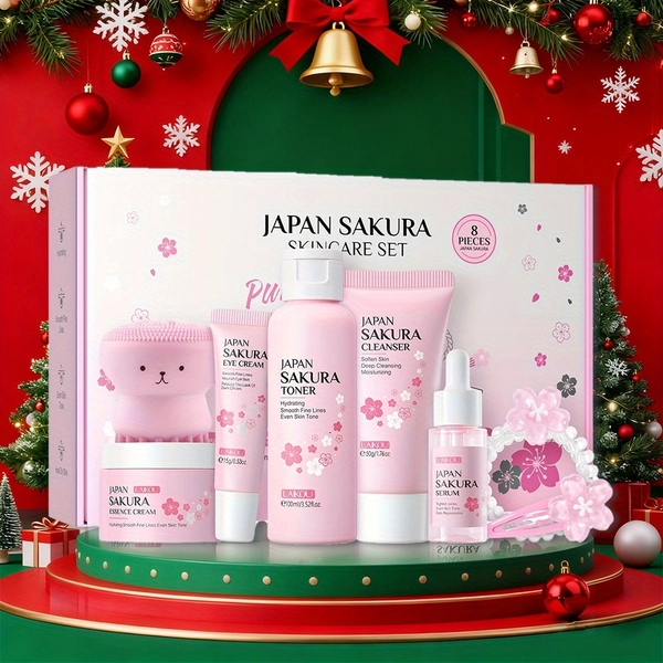 Sakura Light Care Gift Set, Skincare Gift with Facial Serum, Cleanser, Essence Cream, Toner, Eye Cream, Hair Tie, Hair Clip, Facial Cleansing Brush, Hydrates And Nourishes Dry Light, Beauty Products for Women, Valentine'S Day gifts, Beauty Bundle