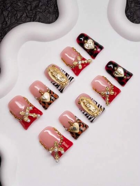 Spring & Summer Duck Mouth Shaped Handmade Y2K Fashion Press-On Nails, Available In Nude, Red, Brown Colors With French Tips, Leopard Print, Cross, Heart Decorations, 10 Pieces/Set With 3 Size Options, Suitable For Party, Wedding And Daily Wear, Includes Tool Kit, Great Gift For Women & Girls Nail Supplies Nails