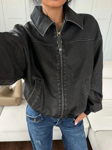 Easelle Autumn New Vintage Washed Snow Flake PU Leather Jacket