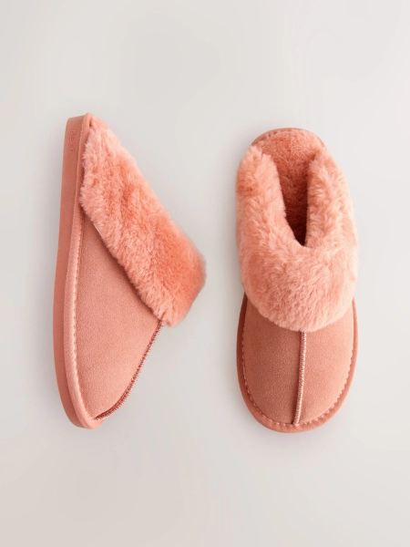 Peach Pink Faux Fur Lined Suede Mule Slippers
