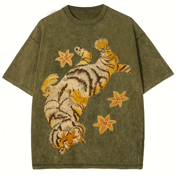Women's T-Shirt, Y2K American Retro Distressed Short Sleeve, Fashion Street Hip-Hop Top Tiger Print, Oversized Couple, Cool Top Fashion Design, Wealth
