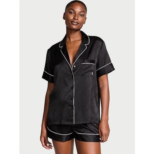 Satin Short Pajama Set, embroidered striped print, XS - Women's Sets - Victoria's Secret