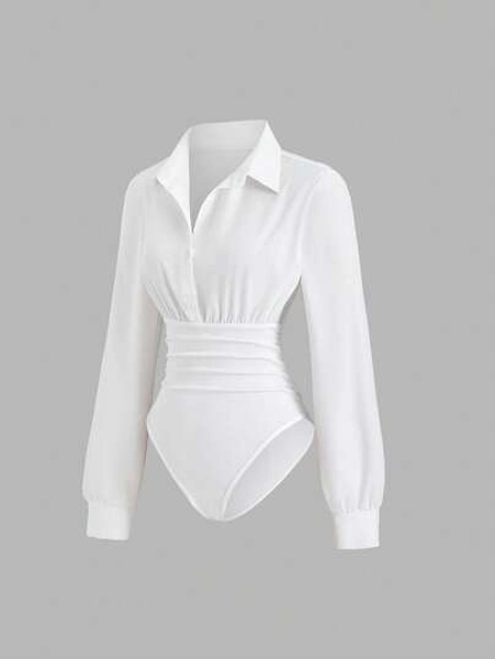 Sweetra Women's Retro Sexy Bodysuit, Fitted Slimming, Elegant High-End Comfortable Versatile Fashionable White Bodysuit - Size S