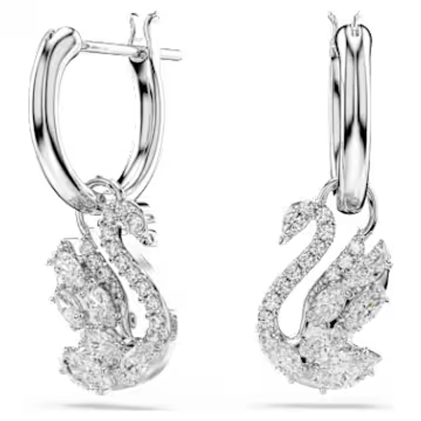 Swan drop earrings, Mixed cuts, Swan, White, Rhodium plated