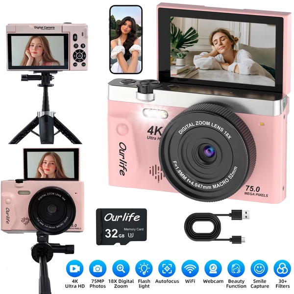 Ourlife 4K 75MP Digital Camera for Photography, Autofocus Vlogging Camera with 18X Zoom, 3" Flip Screen,pink - Walmart.com