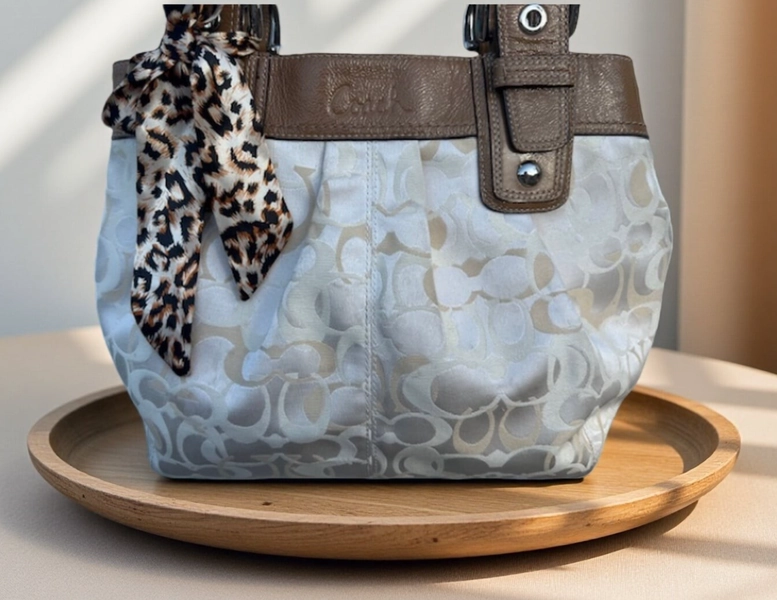 Coach Cream & Tan Soho Pleated Optic Signature C Tote 