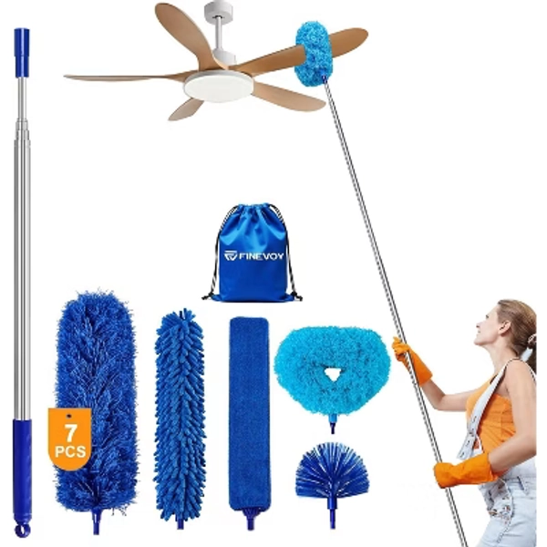 5-in-1 Duster Kit with Extension Pole, Cobweb Duster and Microfiber Dusters for High Ceilings, Fans and Blinds Blue 7 in 1