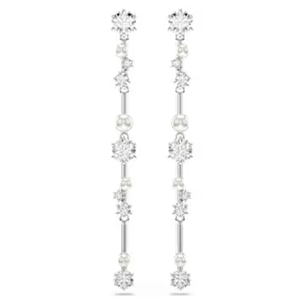 Constella drop earrings, Crystal pearl, Round cuts, White, Rhodium plated