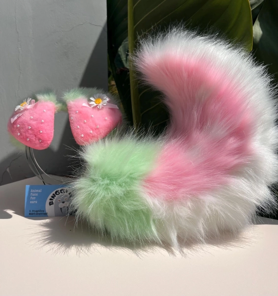 Pastel Strawberry Puppy Ears & Tail Set: Faux Fur Cosplay, Removable Bows, Halloween, furry convention