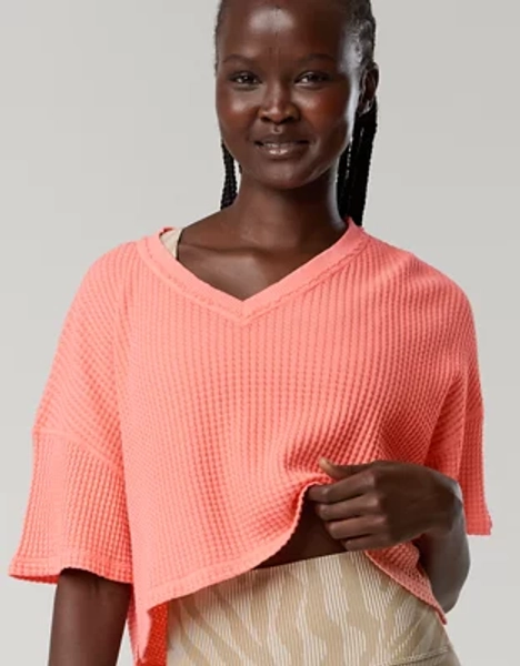 OFFLINE By Aerie Wow! Waffle V Neck Cropped Short Sleeve T-Shirt